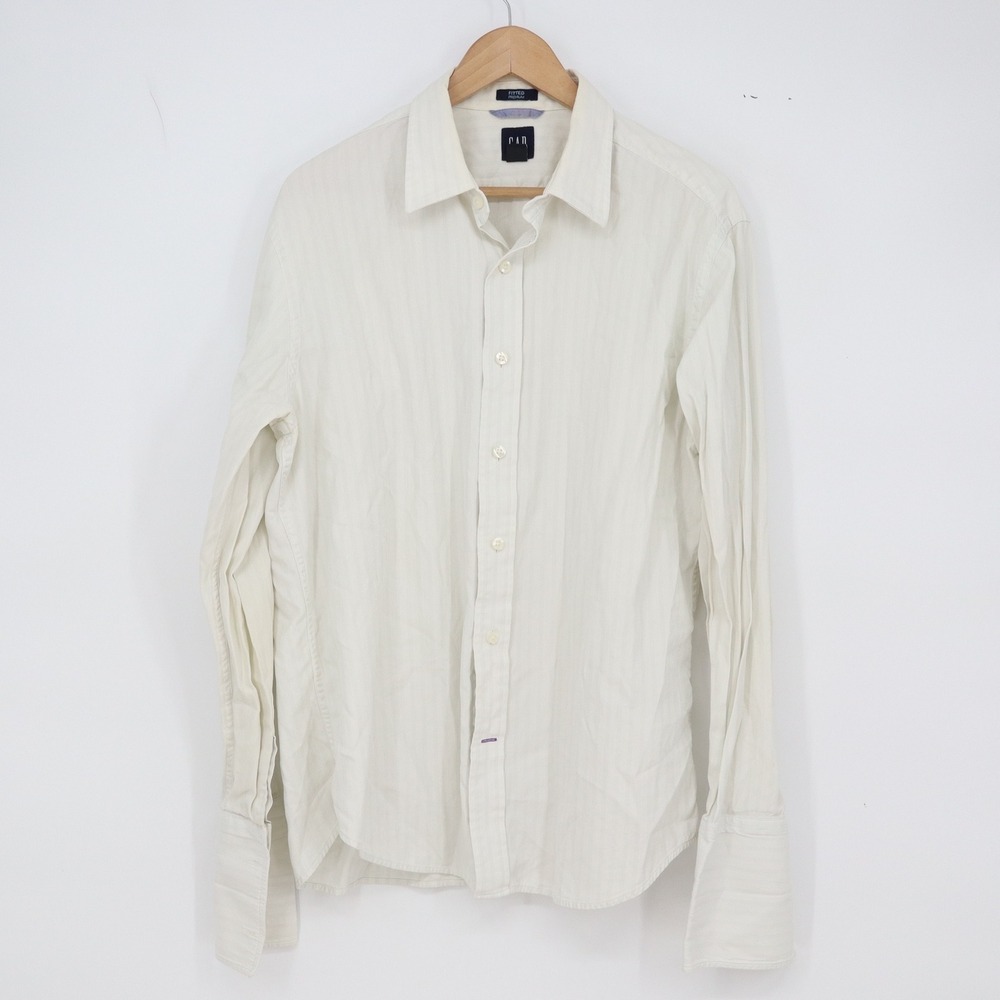 GAP Shirt Mens L Fitted Premium Cream Pinstripe Cotton Button-Down Excellent